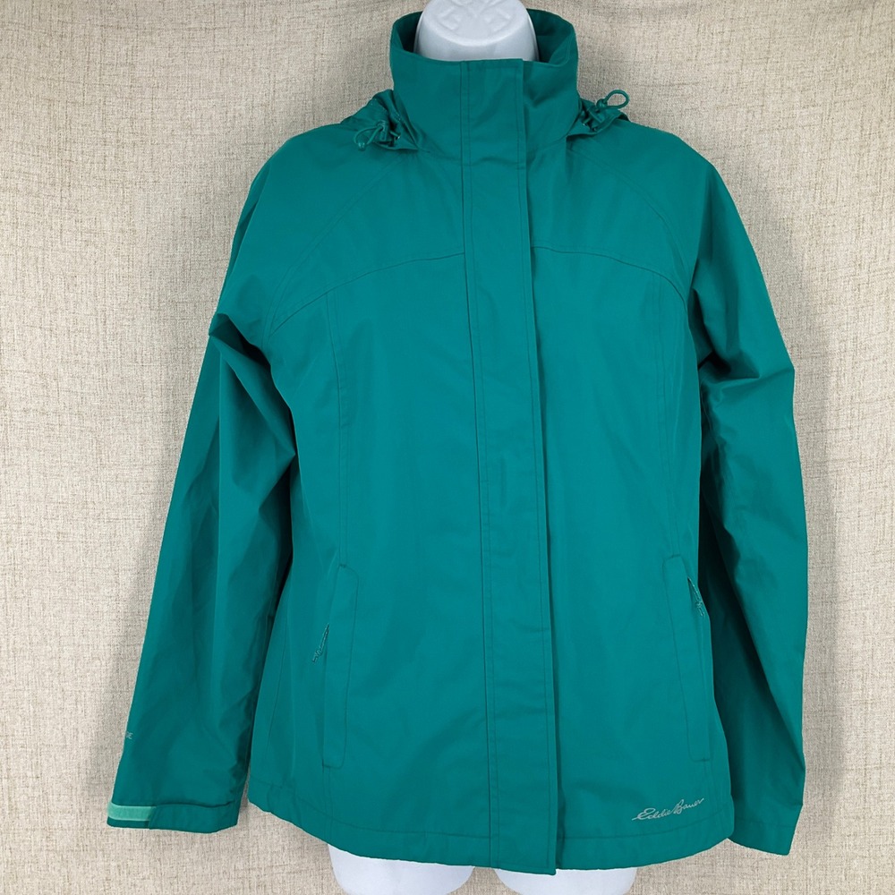 Eddie Bauer Rain Jacket Womens XS Teal Green Hooded Windbreaker Coat